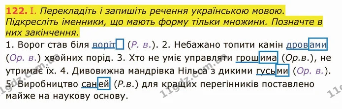 122. І. Перекладіть і запишіть речення українською мовою. Підкресліть іменники, що мають форму тільки множини. Позначте в них — ГДЗ Українська мова 6 клас Заболотний 2019