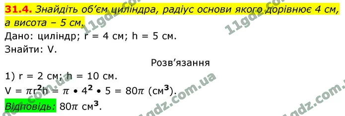 31.4. Знайдіть об’єм циліндра, радіус основи якого дорівнює 4 см, — ГДЗ Геометрія 9 клас Істер 2026