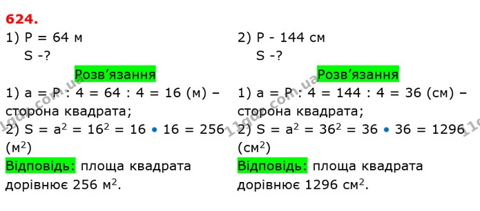 624. Знайдіть площу квадрата, якщо його периметр дорівнює: — ГДЗ Математика 5 клас Тарасенкова