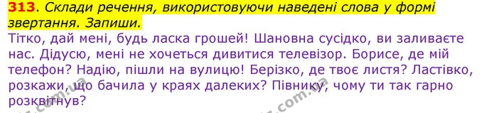313. Склади речення, використовуючи наведені слова у формі звертання. Запиши. — ГДЗ Українська мова та читання 3 клас Захарійчук 2020