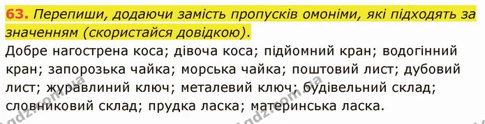 63. Перепиши, додаючи замість пропусків омоніми, які підходять за значенням (скористайся довідкою). — ГДЗ Українська мова 5 клас Онатій