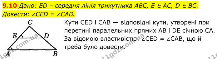 9.10 Дано: ED – середня лінія трикутника ABC, E ∈ AC, D ∈ BC. Довести: ∠CED = ∠CAB. — ГДЗ Геометрія 8 клас Істер