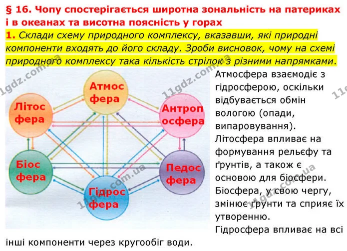 1. Склади схему природного комплексу, вказавши, які природні компоненти входять до його складу. Зроби висновок, чому на схемі — ГДЗ робочий зошит Географія 7 клас Гільберг