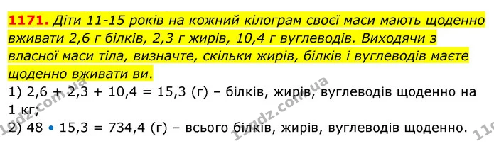 1171. Діти 11-15 років на кожний кілограм своєї маси мають щоденно вживати 2,6 г білків, 2,3 г жирів, 10,4 г вуглеводів. Виходячи з — ГДЗ Алгебра 7 клас Істер 2020