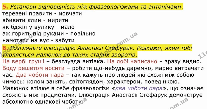 5. Установи відповідність між фразеологізмами та антонімами. — ГДЗ Українська мова 4 клас Вашуленко 2021 (1 частина)