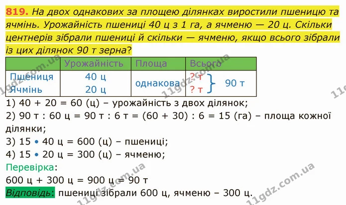819. На двох однакових за площею ділянках виростили пшеницю та ячмінь. Урожайність пшениці 40 ц з 1 га, а ячменю — 20 ц. Скільки — ГДЗ Математика 4 клас Лишенко 1-2 ч.