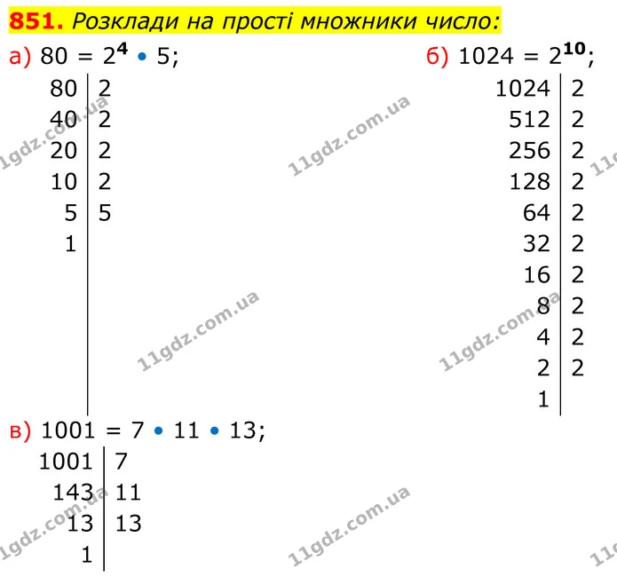 851. Розклади на прості множники число: — ГДЗ Алгебра 7 клас Бевз