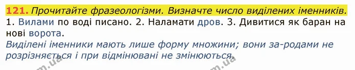 121. Прочитайте фразеологізми. Визначте число виділених іменників. 1. Вилами по воді писано. 2. Наламати дров. 3. Дивитися як баран на — ГДЗ Українська мова 6 клас Заболотний 2019