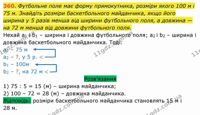 360. Футбольне поле має форму прямокутника, розміри якого 100 м і 75 м. Знайдіть розміри баскетбольного майданчика, якщо його ширина у — ГДЗ Математика 5 клас Тарасенкова 2022
