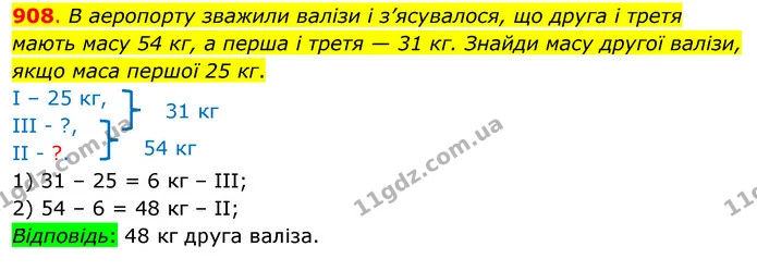 908. В аеропорту зважили валізи і з’ясувалося, що друга і третя мають масу 54 кг, а перша і третя — 31 кг. Знайди масу другої валізи — ГДЗ Математика 3 клас Бевз 1 частина