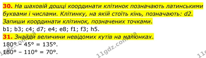 30. На шаховій дошці координати клітинок позначають латинськими буквами і числами. Клітинку, на якій стоїть кінь, позначають: d2 — ГДЗ Математика 6 клас Бевз 1-2 ч.