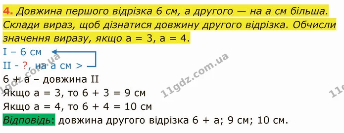 4. Довжина першого відрізка 6 см, а другого — на а см більша. Склади вираз, щоб дізнатися довжину другого відрізка. Обчисли значення — ГДЗ Математика 3 клас Логачевська 1-2 ч.