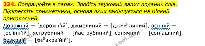 224. Попрацюйте в парах. Зробіть звуковий запис поданих слів. Підкресліть прикметники, основа яких закінчується на м'який приголосний. — ГДЗ Українська мова 6 клас Ворон, Солопенко