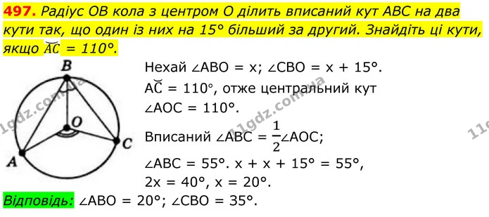 497. Радіус OB кола з центром O ділить вписаний кут ABC на два кути так, що один із них на 15° більший за другий. Знайдіть ці кути — ГДЗ Геометрія 8 клас Бевз