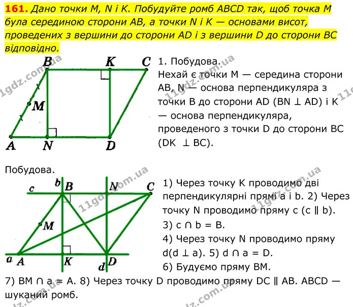 161. Дано точки М, N i K. Побудуйте ромб ABCD так, щоб точка M була серединою сторони AB, а точки N i K — основами висот, проведених з — ГДЗ Геометрія 8 клас Мерзляк
