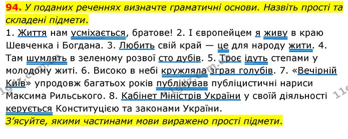 94. У поданих реченнях визначте граматичні основи. Назвіть прості та складені підмети. — ГДЗ Українська мова 8 клас Глазова О.П. 2021