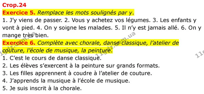 Exercice 5. Remplace les mots soulignés par y. — ГДЗ Французька мова 7 клас Чумак
