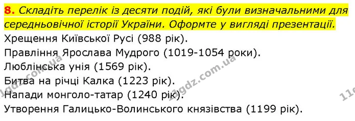 8. Складіть перелік із десяти подій, які були визначальними для середньовічної історії України. Оформте у вигляді презентації. — ГДЗ Історія України 7 клас Галімов