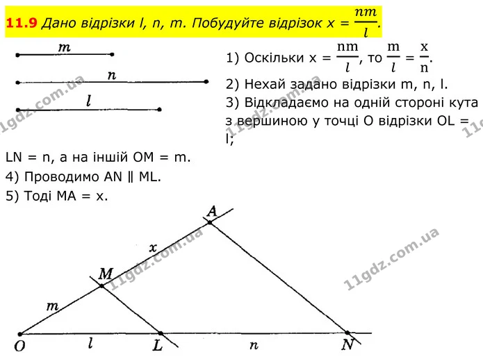 11.9 Дано відрізки l, n, m. Побудуйте відрізок x = nml. — ГДЗ Геометрія 8 клас Істер