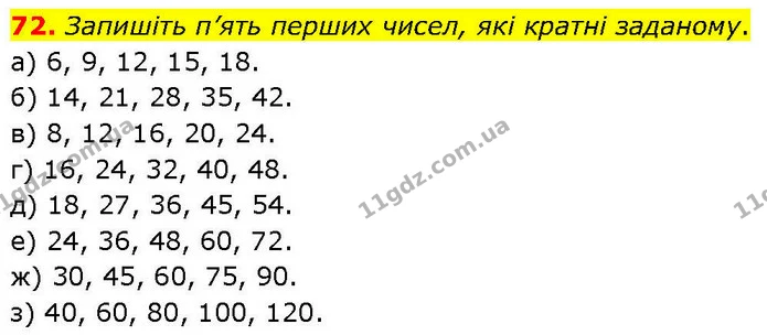 72. Запишіть п’ять перших чисел, які кратні заданому. — ГДЗ Математика 6 клас Біос 1-2 ч.