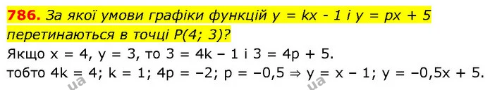 786. За якої умови графіки функцій у = kх - 1 і у = рх + 5 перетинаються в точці Р(4; 3)? — ГДЗ Алгебра 7 клас Бевз