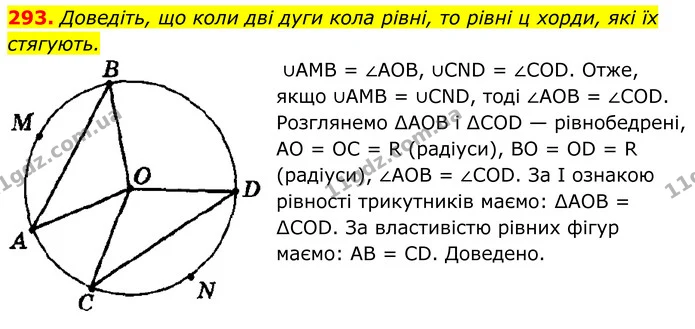 293. Доведіть, що коли дві дуги кола рівні, то рівні ц хорди, які їх стягують. — ГДЗ Геометрія 8 клас Мерзляк