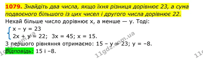 1079. Знайдіть два числа, якщо їхня різниця дорівнює 23, а сума — ГДЗ Алгебра 7 клас Мерзляк, Полонський 2015