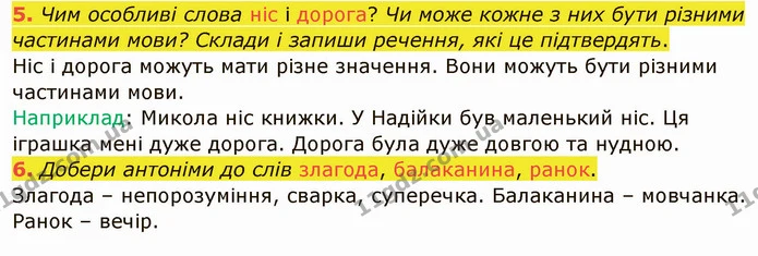 5. Чим особливі слова ніс і дорога? Чи може кожне з них бути різними частинами мови? Склади і запиши речення, які це підтвердять. — ГДЗ Українська мова та читання 4 клас Остапенко 1 ч.