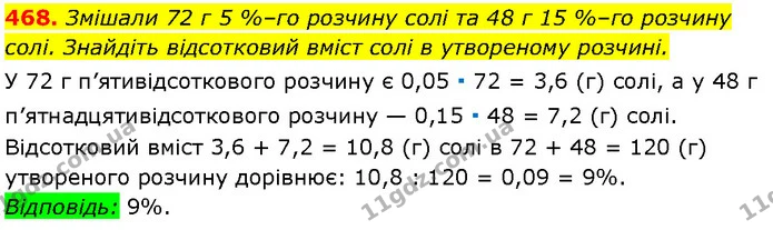 468. Змішали 72 г 5 %–го розчину солі та 48 г 15 %–го розчину солі. Знайдіть відсотковий вміст солі в утвореному розчині. — Алгебра 7 клас Мерзляк 2024