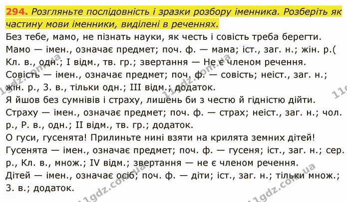 294. Розгляньте послідовність і зразки розбору іменника. Розберіть як частину мови іменники, виділені в реченнях. — ГДЗ Українська мова 6 клас Глазова