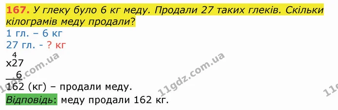 167. У глеку було 6 кг меду. Продали 27 таких глеків. Скільки кілограмів меду продали? — ГДЗ Математика 4 клас Оляницька