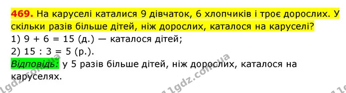 469. На каруселі каталися 9 дівчаток, 6 хлопчиків і троє дорослих. У скільки разів більше дітей, ніж дорослих, каталося на каруселі? — ГДЗ Математика 3 клас Будна 1-2 ч.