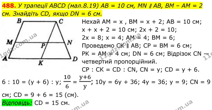 488. У трапеції ABCD (мал.8.19) AB = 10 см, MN ∥ AB, BM – AM = 2 см. Знайдіть CD, якщо DN = 6 см. — ГДЗ Геометрія 8 клас Бевз