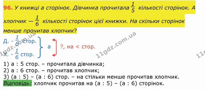 96. У книжці а сторінок. Дівчинка прочитала кількості сторінок. А хлопчик — кількості сторінок цієї книжки. На скільки сторінок менше — ГДЗ Математика 4 клас Лишенко 1-2 ч.