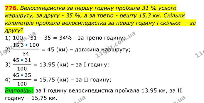 776. Велосипедистка за першу годину проїхала 31 % усього маршруту, за другу - 35 %, а за третю - решту 15,3 км. Скільки кілометрів — ГДЗ Математика 6 клас Істер 2023 1-2 ч.