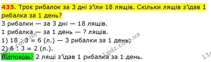 435. Троє рибалок за 3 дні з’їли 18 лящів. Скільки лящів з’їдав 1 рибалка за 1 день? — ГДЗ Математика 3 клас Козак 1-2 ч.