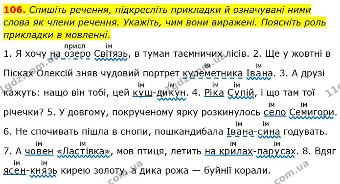 106. Спишіть речення, підкресліть прикладки й означувані ними слова як члени речення. Укажіть, чим вони виражені. Поясніть роль — ГДЗ Українська мова 8 клас Заболотний 2021