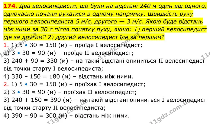 174. Два велосипедисти, що були на відстані 240 м один від одного, одночасно почали рухатися в одному напрямку. Швидкість руху першого — ГДЗ Математика 5 клас Скворцова 2022