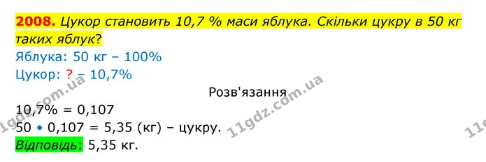 2008. Цукор становить 10,7 % маси яблука. Скільки цукру в 50 кг таких яблук? — ГДЗ Математика 5 клас Бевз