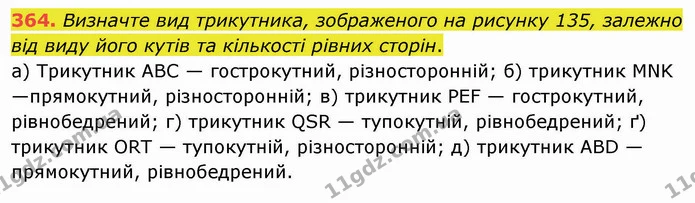 364. Визначте вид трикутника, зображеного на рисунку 135, залежно від виду його кутів та кількості рівних сторін. — ГДЗ Математика 5 клас Мерзляк