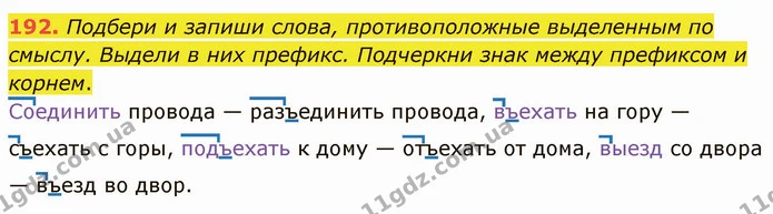 192. Подбери и запиши слова, противоположные выделенным по смыслу. Выдели в них префикс. Подчеркни знак между префиксом и корнем. — ГДЗ Русский язык и чтение 3 класс Лапшина