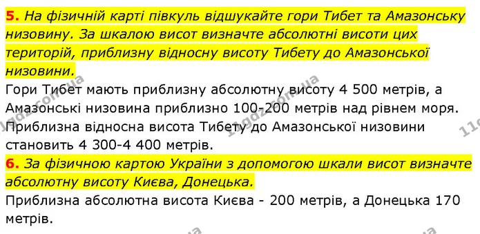 5. На фізичній карті півкуль відшукайте гори Тибет та Амазонську низовину. За шкалою висот визначте абсолютні висоти цих територій — ГДЗ Географія 6 клас Запотоцький