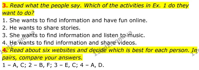 3. Read what the people say. Which of the activities in Ex. 1 do they want to do? — ГДЗ Англійська мова 7 клас Коста