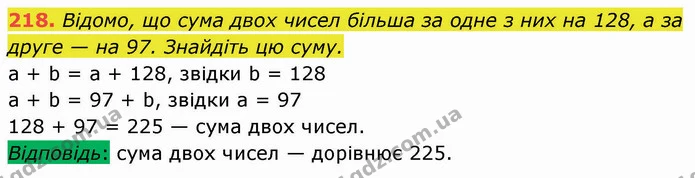 218. Відомо, що сума двох чисел більша за одне з них на 128, а за друге — на 97. Знайдіть цю суму. — ГДЗ Математика 5 клас Кравчук