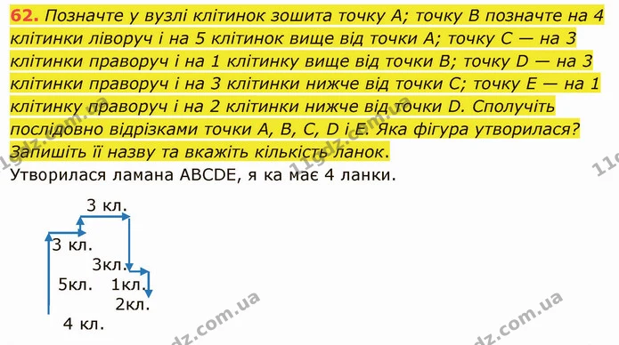 62. Позначте у вузлі клітинок зошита точку A; точку B позначте на 4 клітинки ліворуч і на 5 клітинок вище від точки A; точку C — на 3 — ГДЗ Математика 5 клас Мерзляк