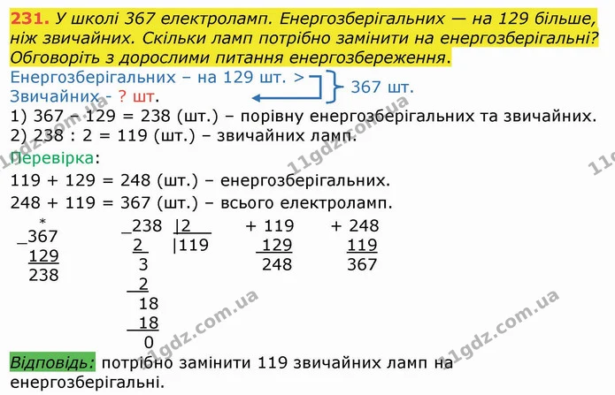 231. У школі 367 електроламп. Енергозберігальних — на 129 більше, ніж звичайних. Скільки ламп потрібно замінити на енергозберігальні? — ГДЗ Математика 4 клас Лишенко 1-2 ч.