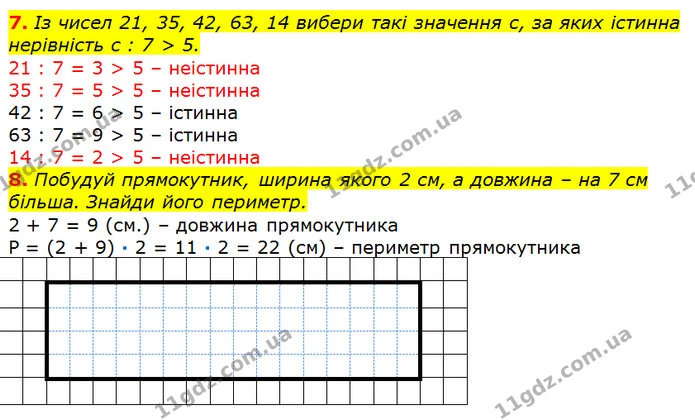 7. Із чисел 21, 35, 42, 63, 14 вибери такі значення с, за яких істинна нерівність с : 7 > 5. — ГДЗ Математика 2 клас Лишенко