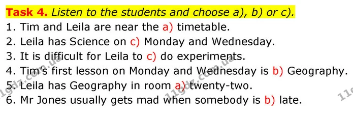 Task 4. Listen to the students and choose a), b) or c). — ГДЗ Збірник тестів Англійська мова 5 клас Карпюк