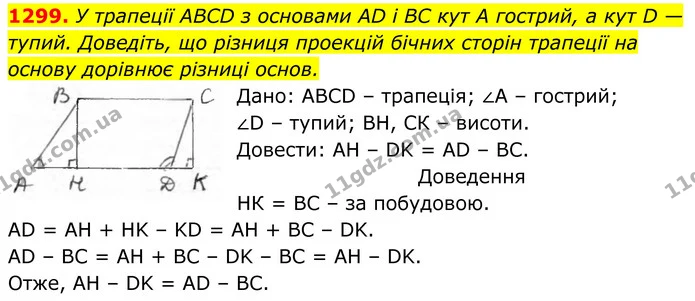 1299. У трапеції ABCD з основами AD і BC кут А гострий, а кут D — — ГДЗ Геометрія 8 клас Бурда