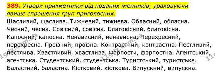 389. Утвори прикметники від поданих іменників, ураховуючи — ГДЗ Українська мова 6 клас Онатій